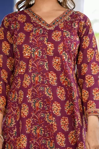 Cotton cambric printed full flared anarkali kurti-pant-dupatta  set