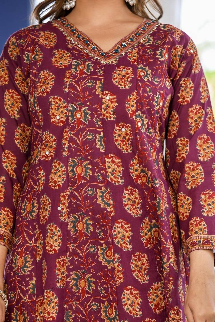 Cotton cambric printed full flared anarkali kurti-pant-dupatta  set