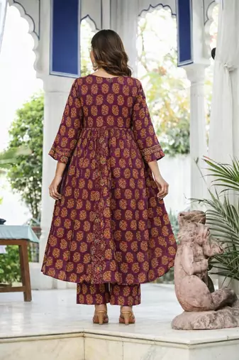 Cotton cambric printed full flared anarkali kurti-pant-dupatta  set