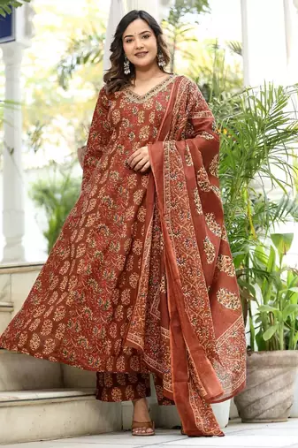 Cotton cambric printed full flared anarkali kurti-pant-dupatta  set