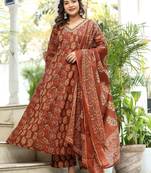 Cotton cambric printed full flared anarkali kurti-pant-dupatta  set