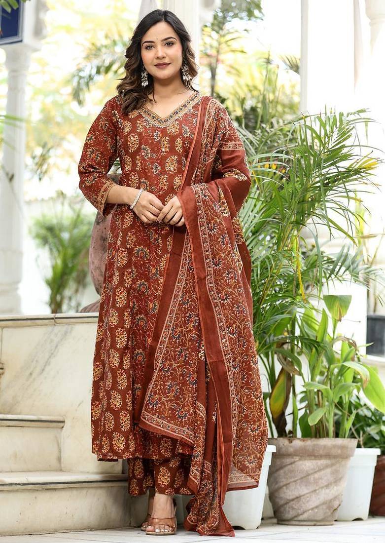 Cotton cambric printed full flared anarkali kurti-pant-dupatta  set