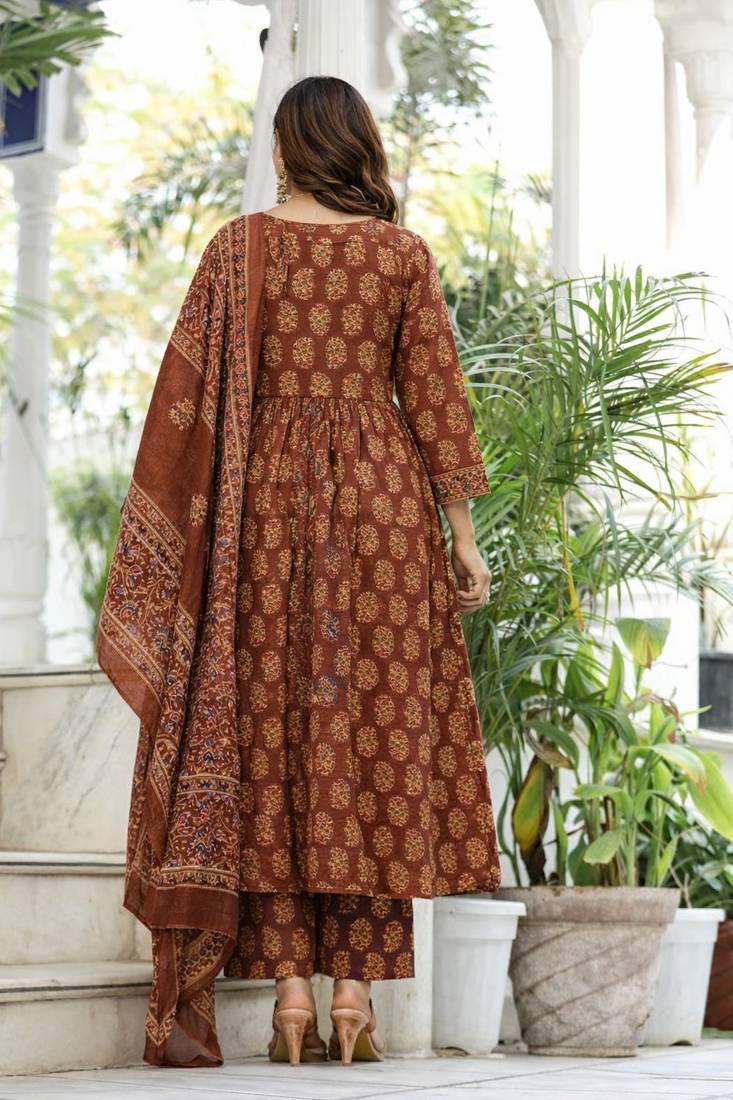 Cotton cambric printed full flared anarkali kurti-pant-dupatta  set