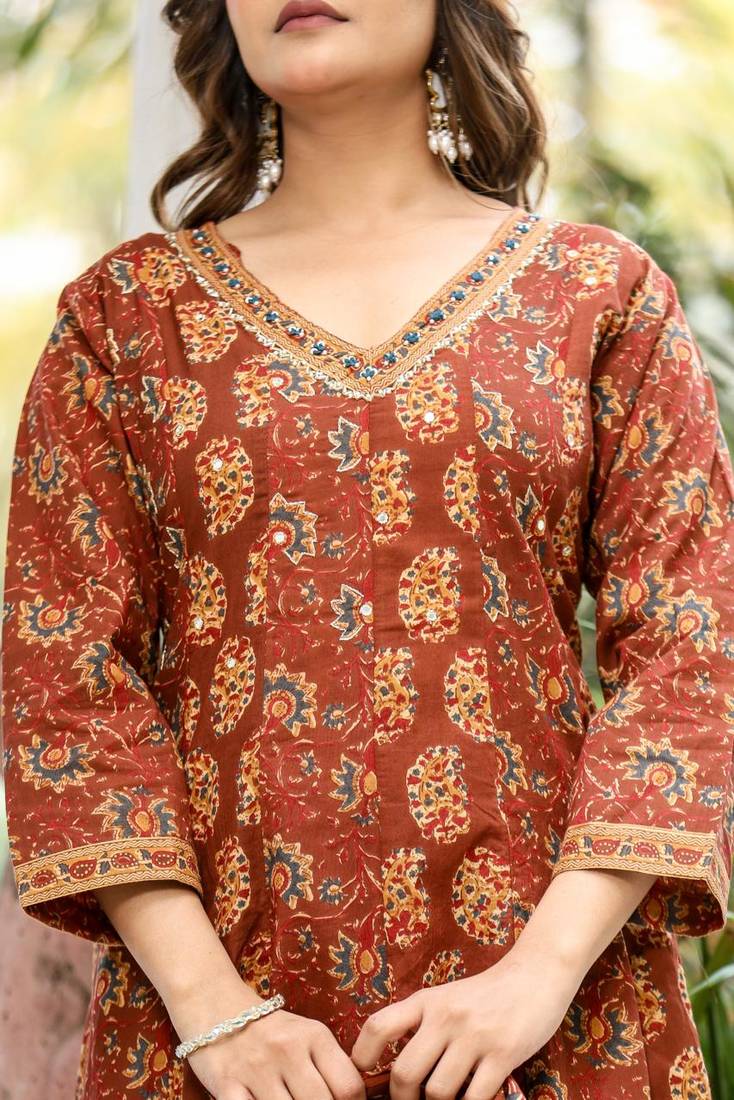 Cotton cambric printed full flared anarkali kurti-pant-dupatta  set