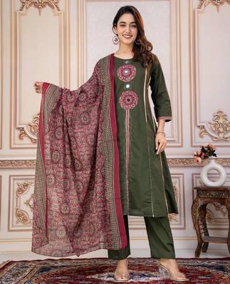 Cotton cambric printed a-line kurti-pant-dupatta  set 1