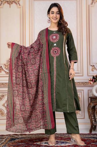 Cotton cambric printed a-line kurti-pant-dupatta  set