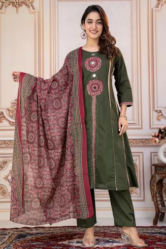 Cotton cambric printed a-line kurti-pant-dupatta  set
