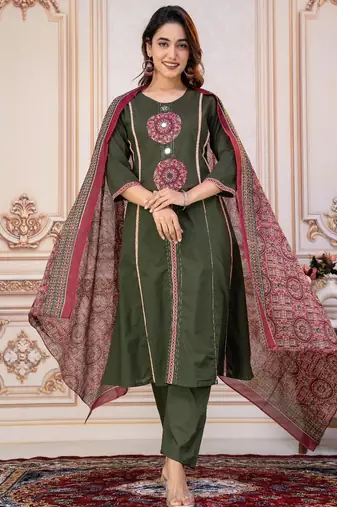Cotton cambric printed a-line kurti-pant-dupatta  set