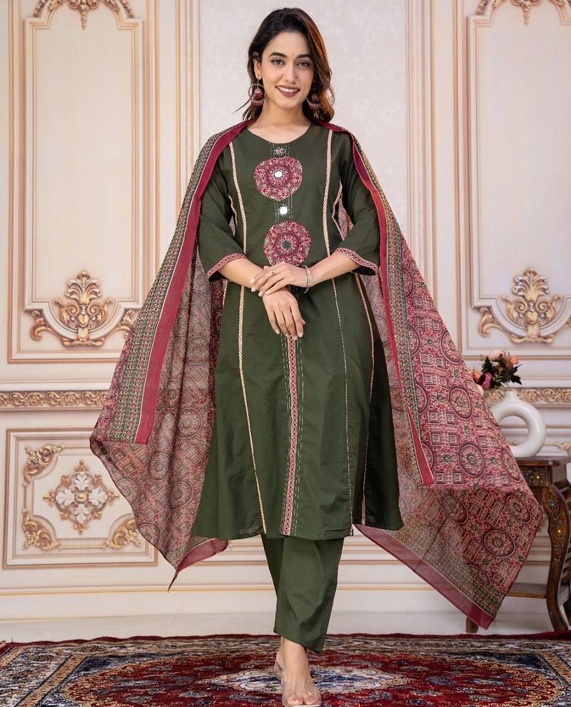 Cotton cambric printed a-line kurti-pant-dupatta  set