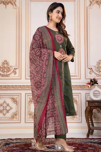 Cotton cambric printed a-line kurti-pant-dupatta  set