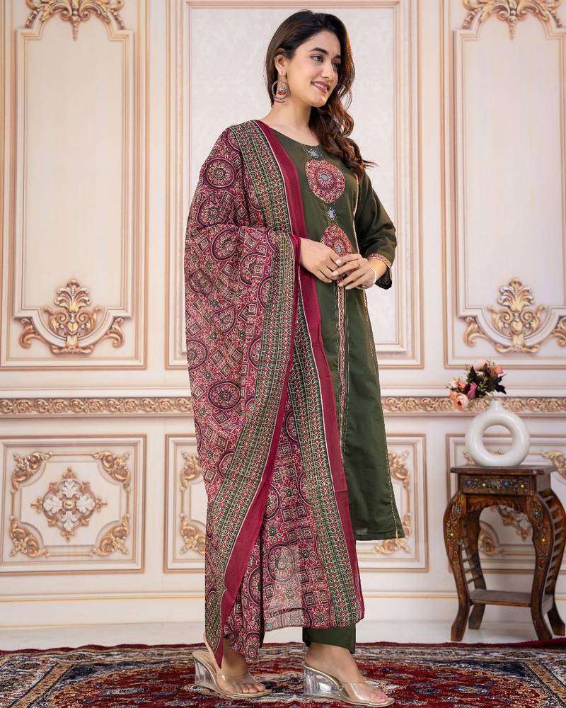 Cotton cambric printed a-line kurti-pant-dupatta  set