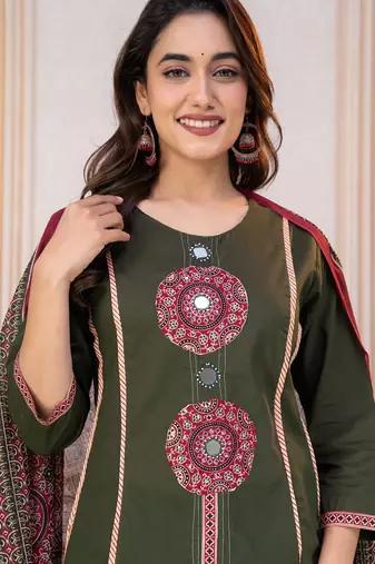 Cotton cambric printed a-line kurti-pant-dupatta  set