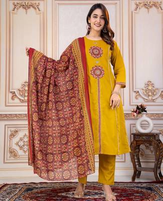 Cotton cambric printed a-line kurti-pant-dupatta  set 1