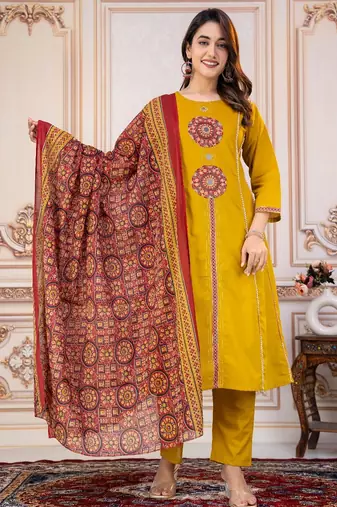 Cotton cambric printed a-line kurti-pant-dupatta  set