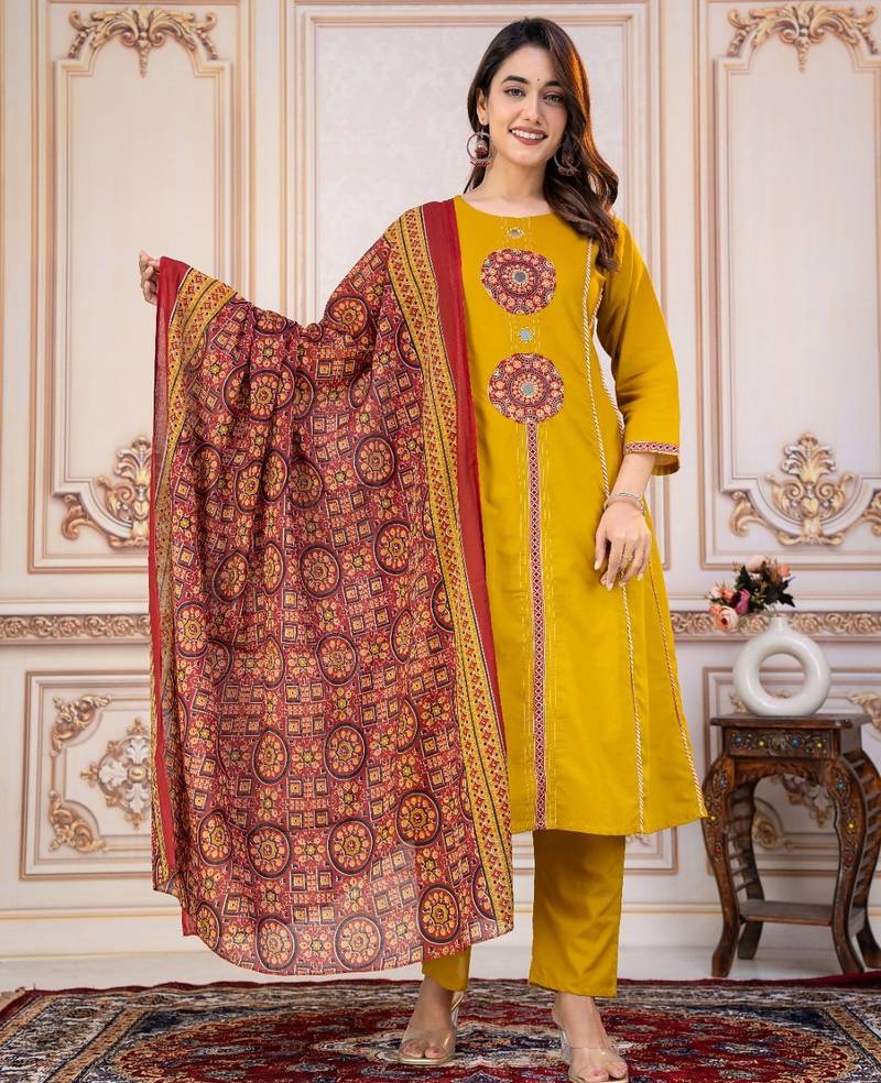 Cotton cambric printed a-line kurti-pant-dupatta  set