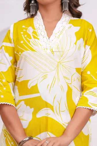 Yellow cotton sequance work kurta for women