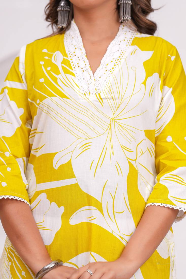 Yellow cotton sequance work kurta for women