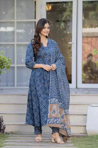 Blue cotton sequence & mirror work kurta for women