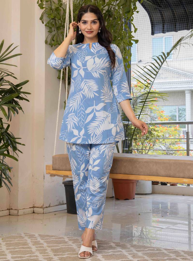 Sky blue cotton sequance work top for women
