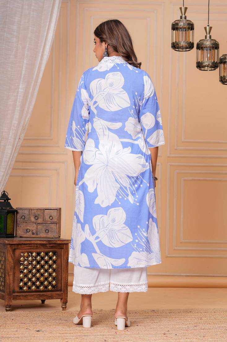 Sky blue cotton sequance work kurta for women