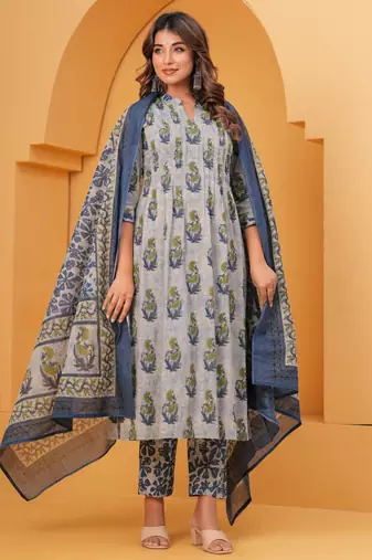 Grey cotton sequance work kurta for women