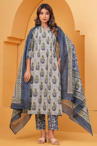 Grey cotton sequance work kurta for women