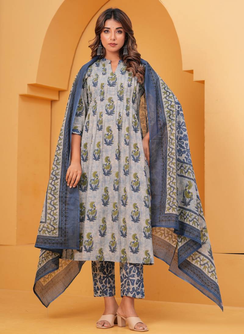 Grey cotton sequance work kurta for women