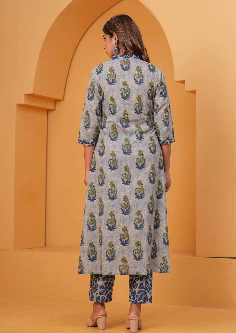 Grey cotton sequance work kurta for women