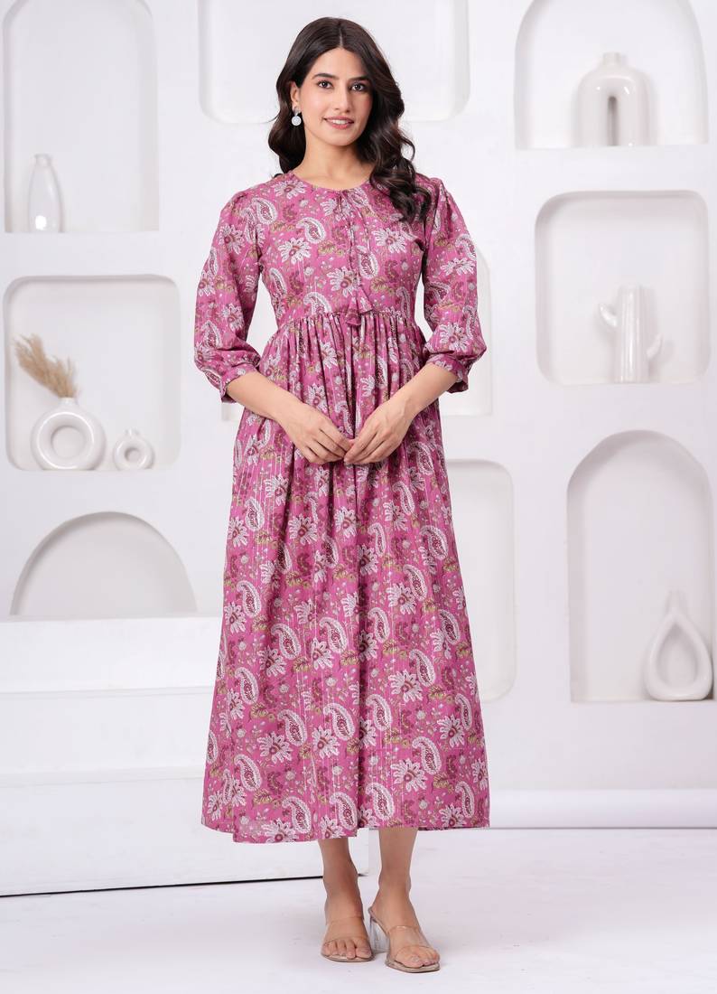Pink cotton mirror work and sequance work kurta for women