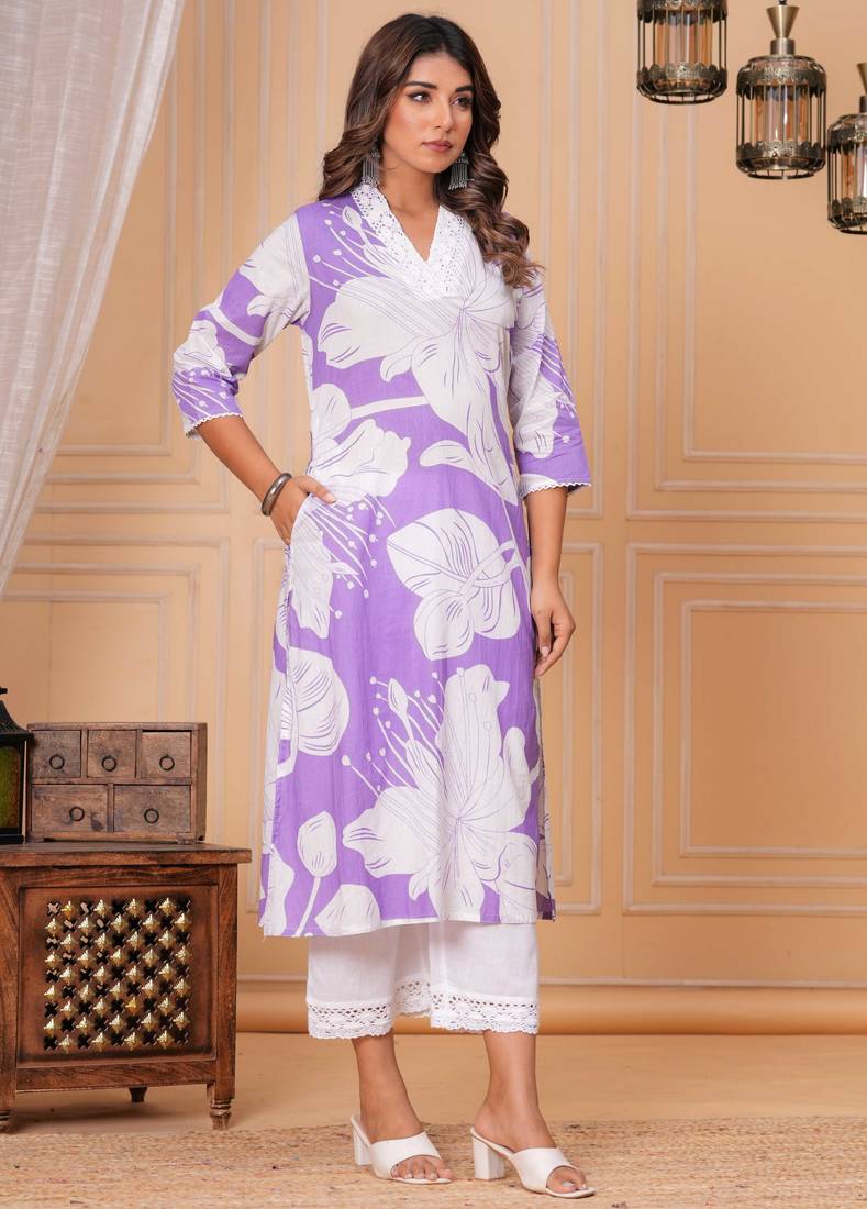 Lavender cotton sequance work kurta for women