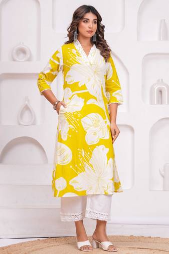 Yellow cotton sequance work kurta for women