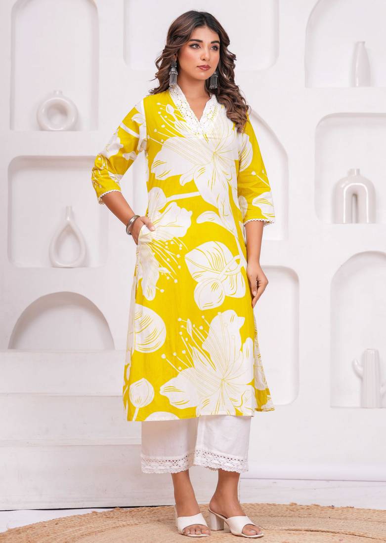 Yellow cotton sequance work kurta for women