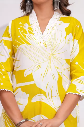 Yellow cotton sequance work kurta for women