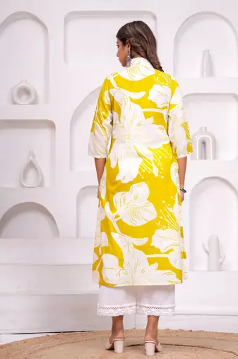 Yellow cotton sequance work kurta for women