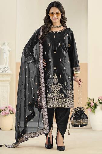 black velvet patiala salwar kameez with sequins embroidery