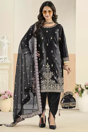 black velvet patiala salwar kameez with sequins embroidery
