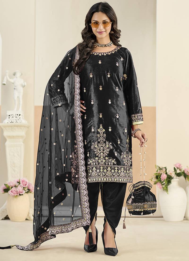 black velvet patiala salwar kameez with sequins embroidery