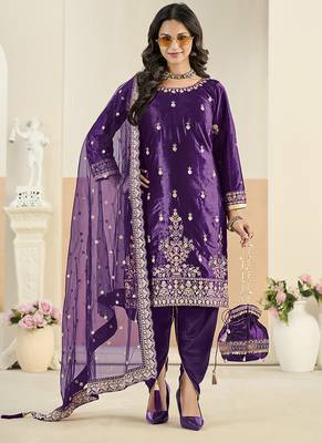 purple velvet embroidered salwar kameez with patiala bottom 1