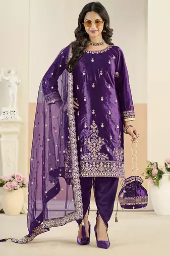 purple velvet embroidered salwar kameez with patiala bottom