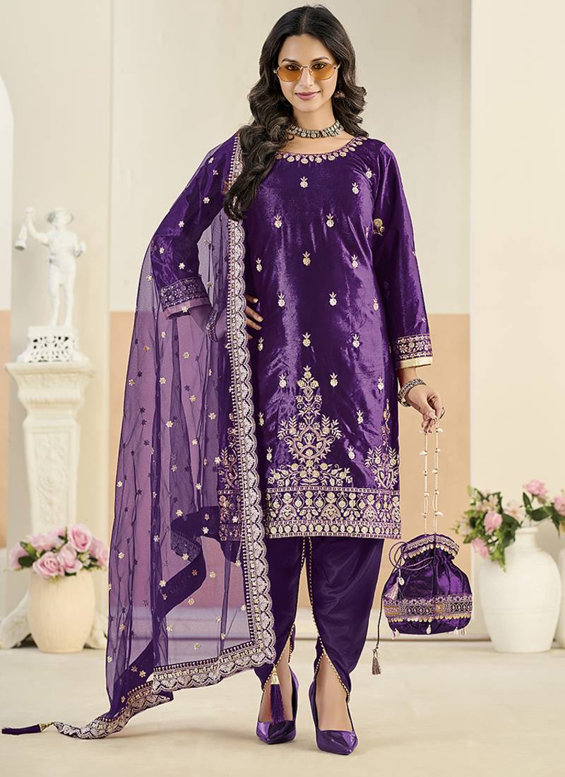 purple velvet embroidered salwar kameez with patiala bottom