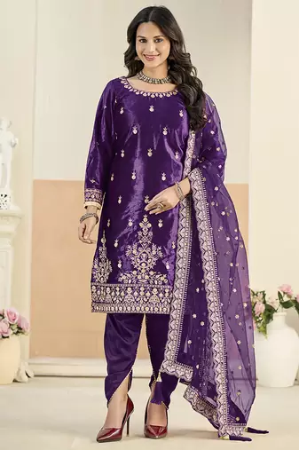 purple velvet embroidered salwar kameez with patiala bottom