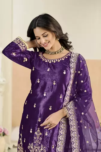 purple velvet embroidered salwar kameez with patiala bottom