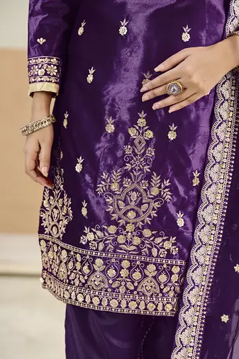 purple velvet embroidered salwar kameez with patiala bottom