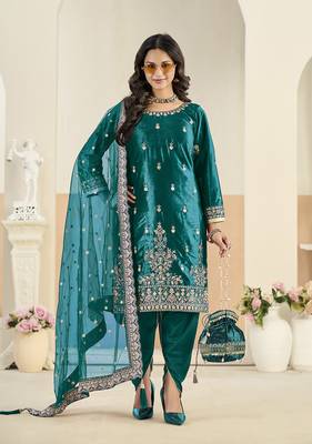 teal velvet embroidered salwar kameez with patiala bottom 1