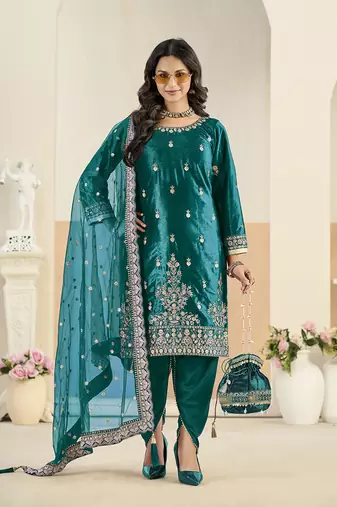 teal velvet embroidered salwar kameez with patiala bottom