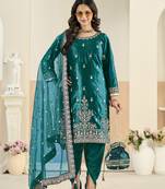 teal velvet embroidered salwar kameez with patiala bottom