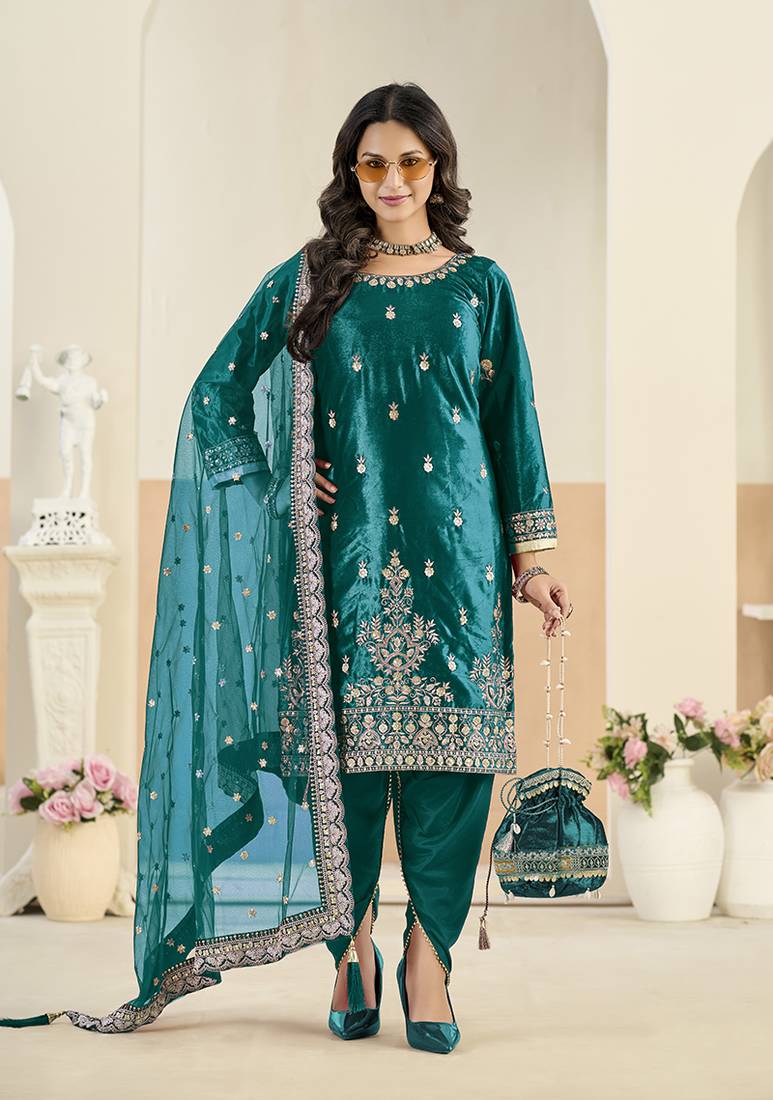 teal velvet embroidered salwar kameez with patiala bottom