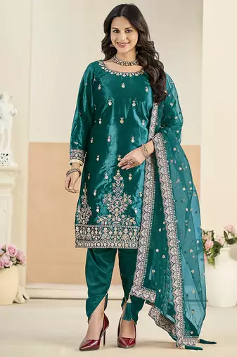 teal velvet embroidered salwar kameez with patiala bottom