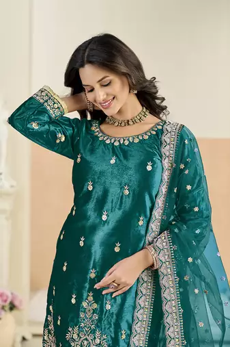 teal velvet embroidered salwar kameez with patiala bottom