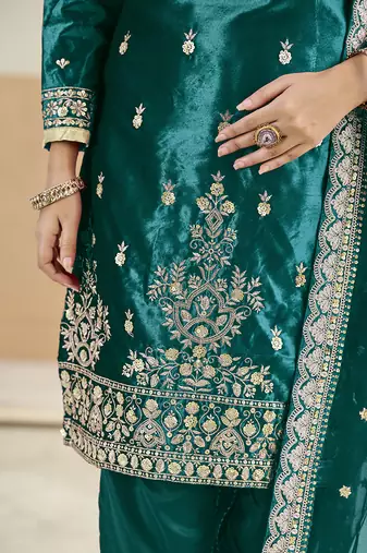 teal velvet embroidered salwar kameez with patiala bottom